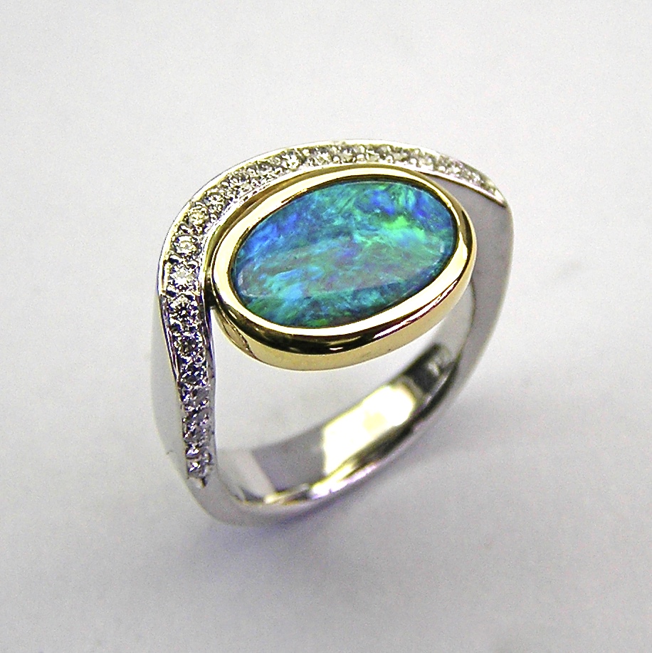 Handmade Opal and Diamond Curved Wall Ring