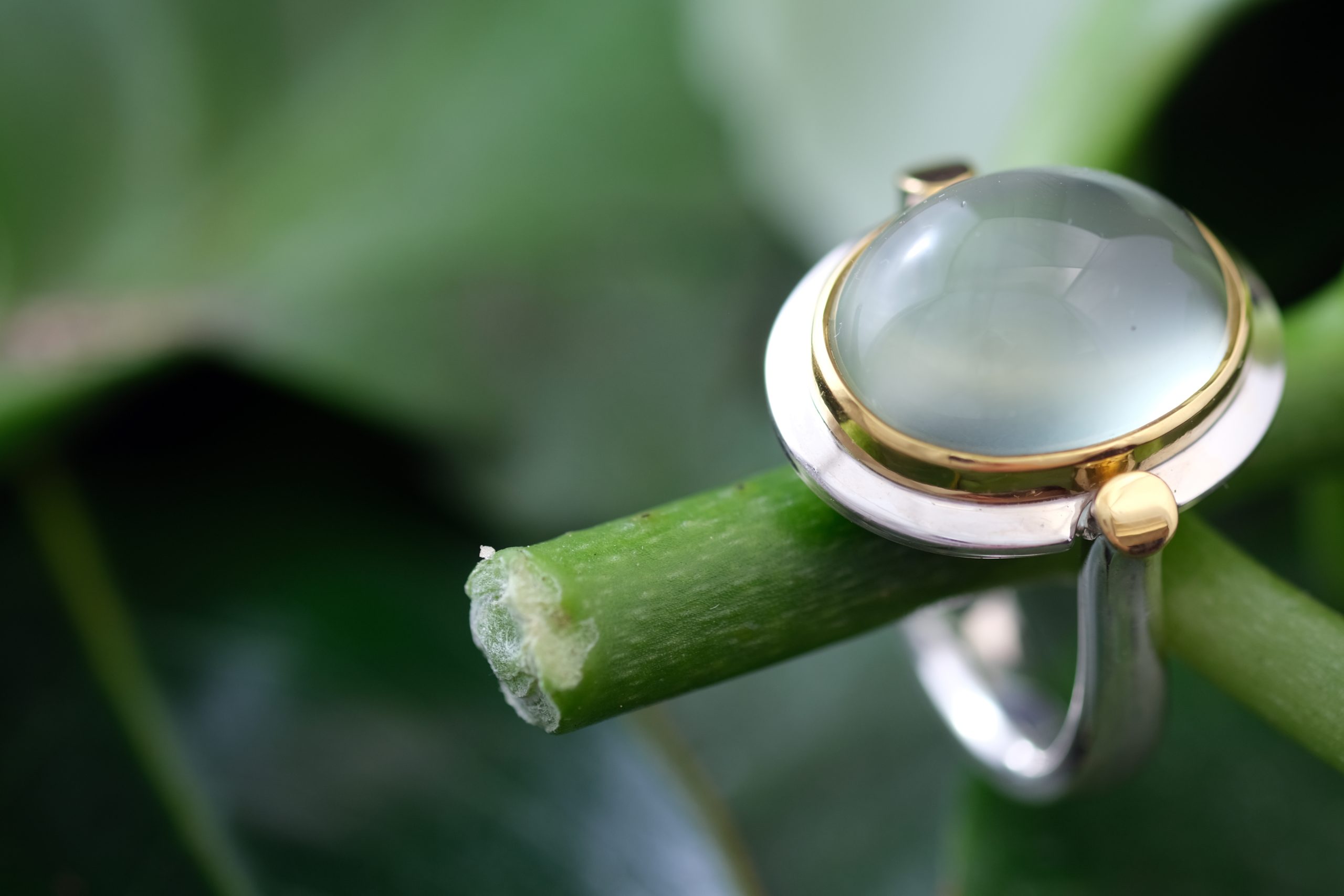 Silver and Gold Set Green Quartz Cabochon Ring