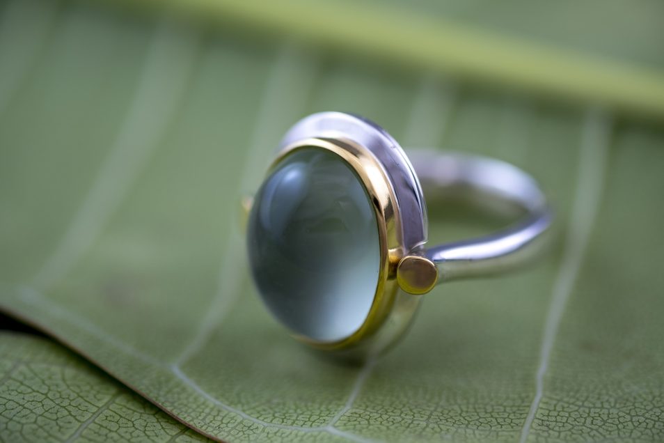 Silver and Gold Set Green Quartz Cabochon Ring