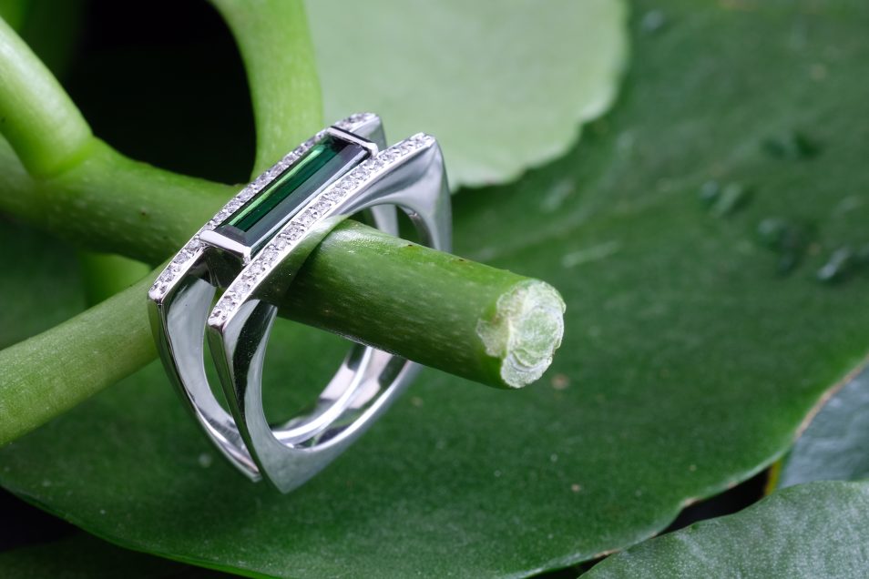 Green Baguette Tourmaline and Diamond Ring