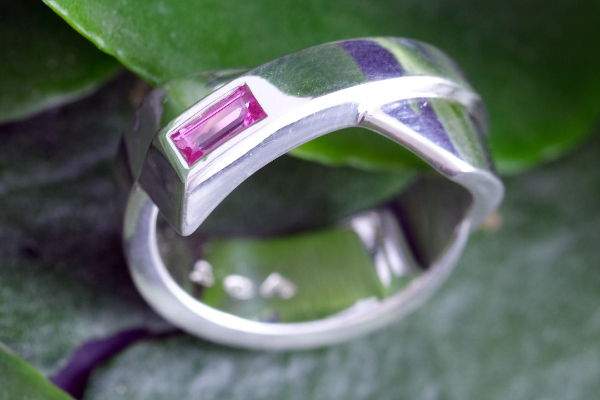 Pink Sapphire Baguette Sterling Silver Ring