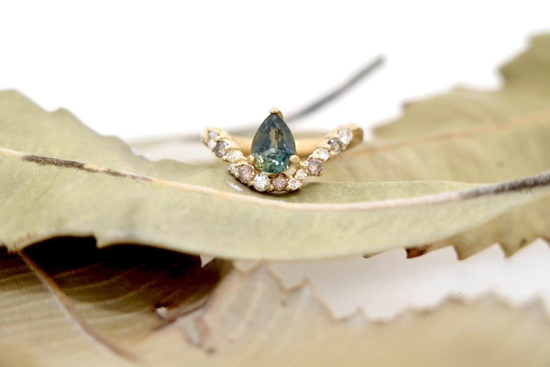 Handmade 18ct yellow gold, Parti Sapphire, white and cognac Diamond ring