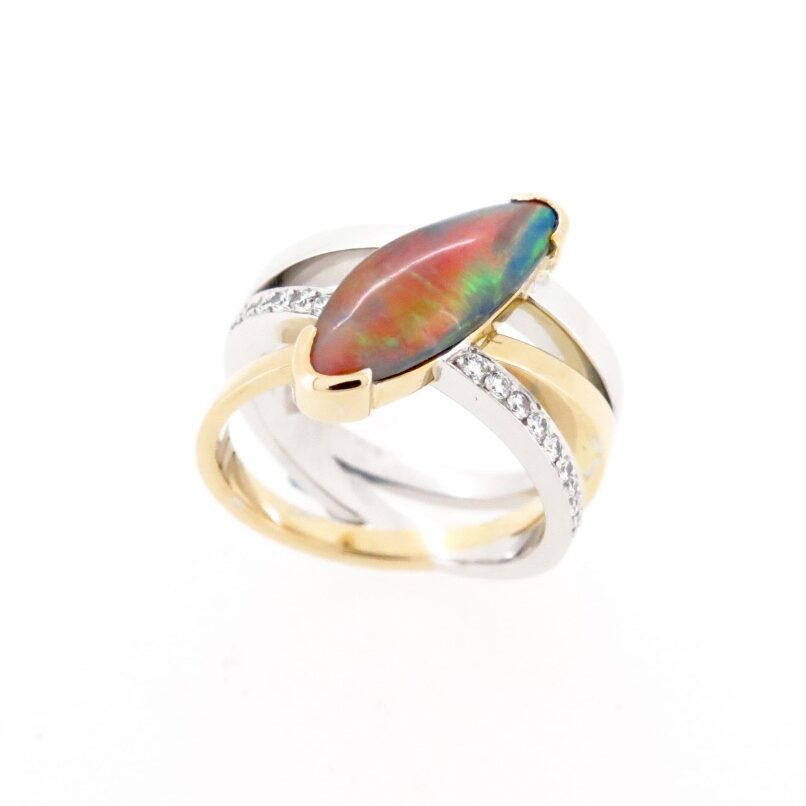 Handmade 18ct yellow gold and black opal and diamond asymmetrical dress ring