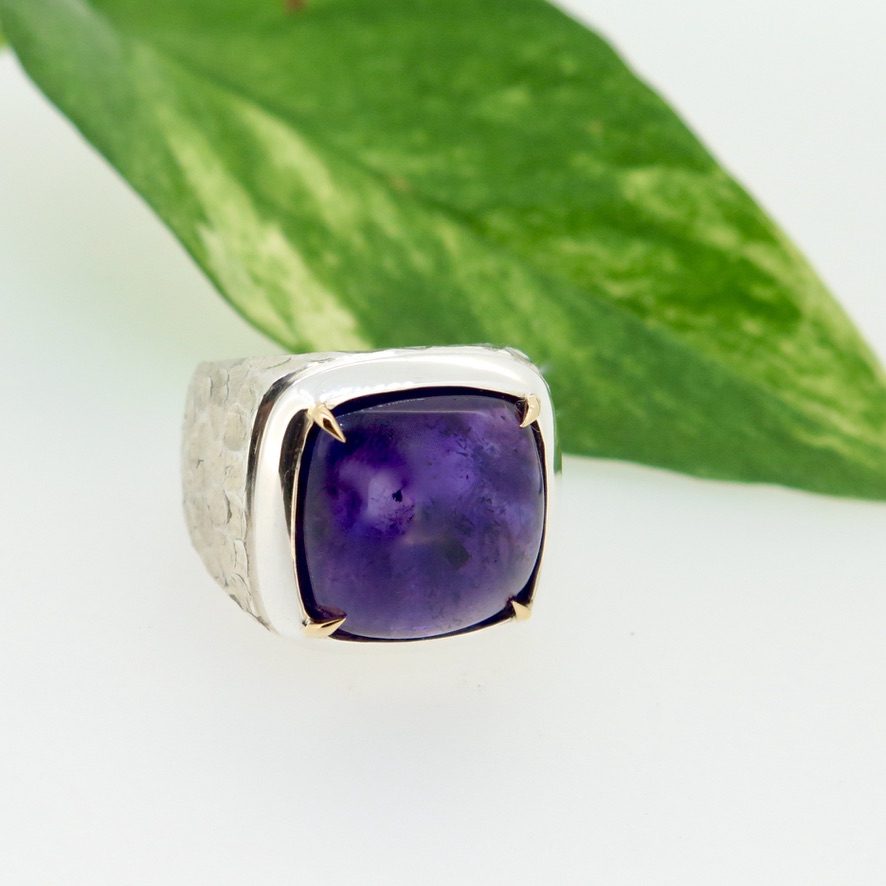 Handmade Sterling Silver and Amethyst Signet Ring With 18ct Yellow Claws