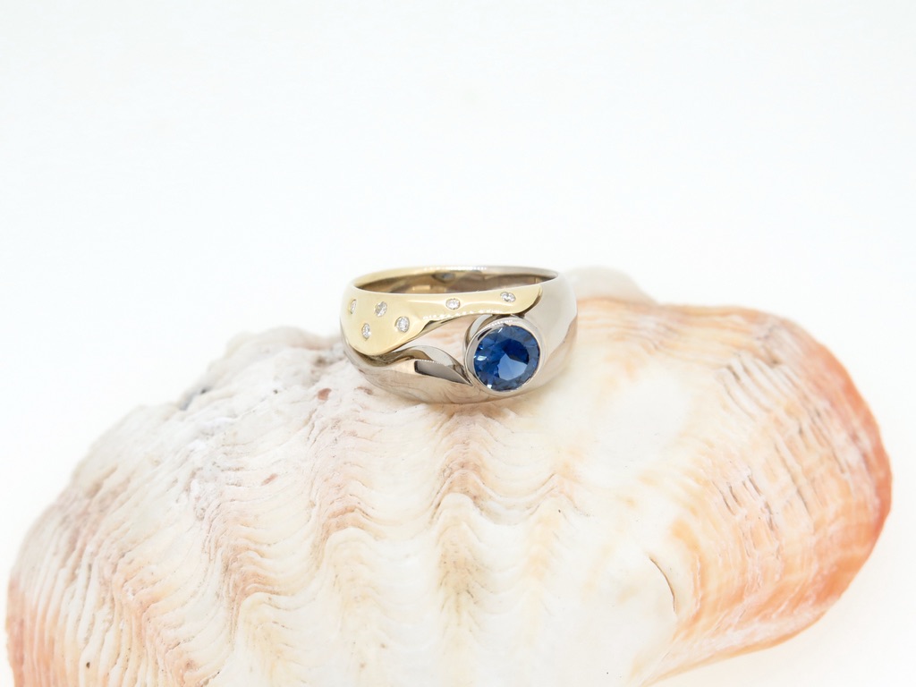 Handmade 18ct yellow and white gold Split Wave Sapphire and diamond ladies ring