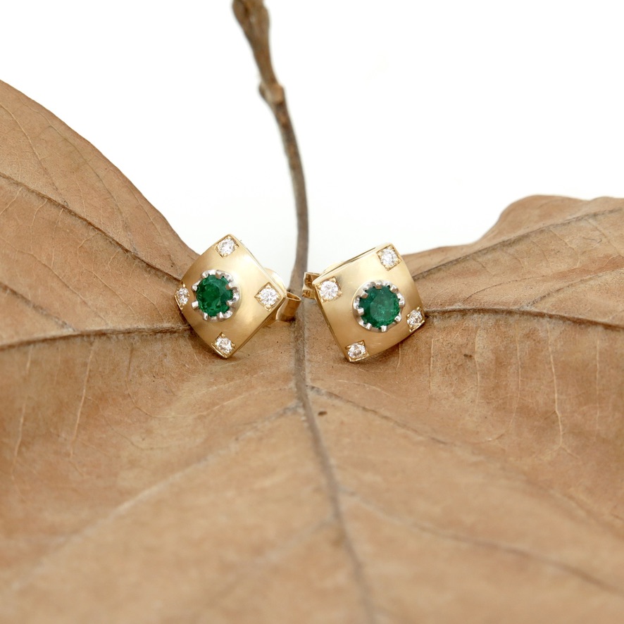 handmade 18ct yellow gold and platinum 'icon' stud earrings with Emeralds and Diamonds