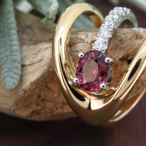 Handmade 18ct yellow gold and platinum, Tourmaline and Diamond ring.