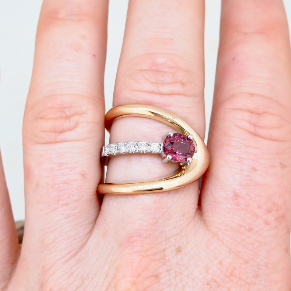 Handmade 18ct yellow gold and platinum, Tourmaline and Diamond ring.