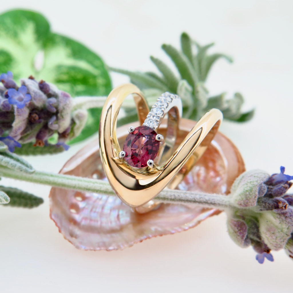 Handmade 18ct yellow gold and platinum, Tourmaline and Diamond ring.
