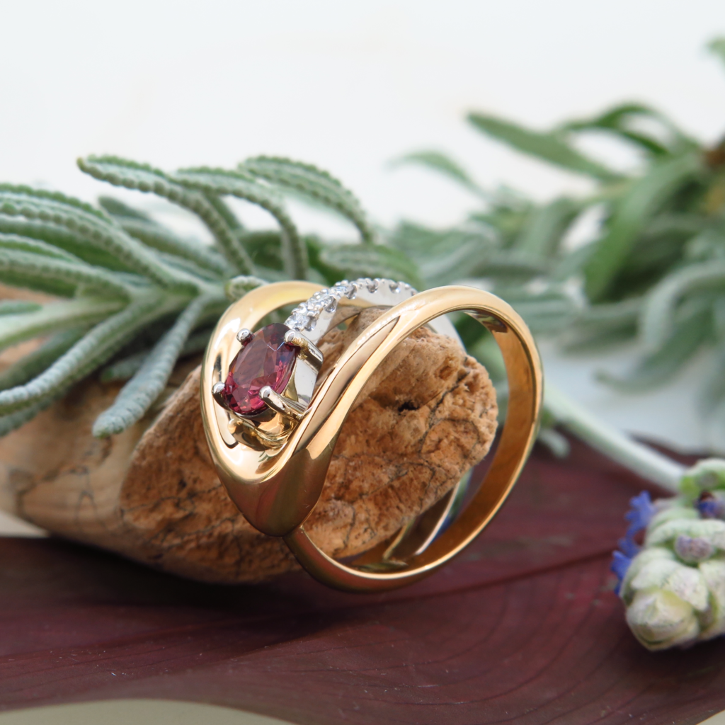 Handmade 18ct yellow gold and platinum, Tourmaline and Diamond ring.