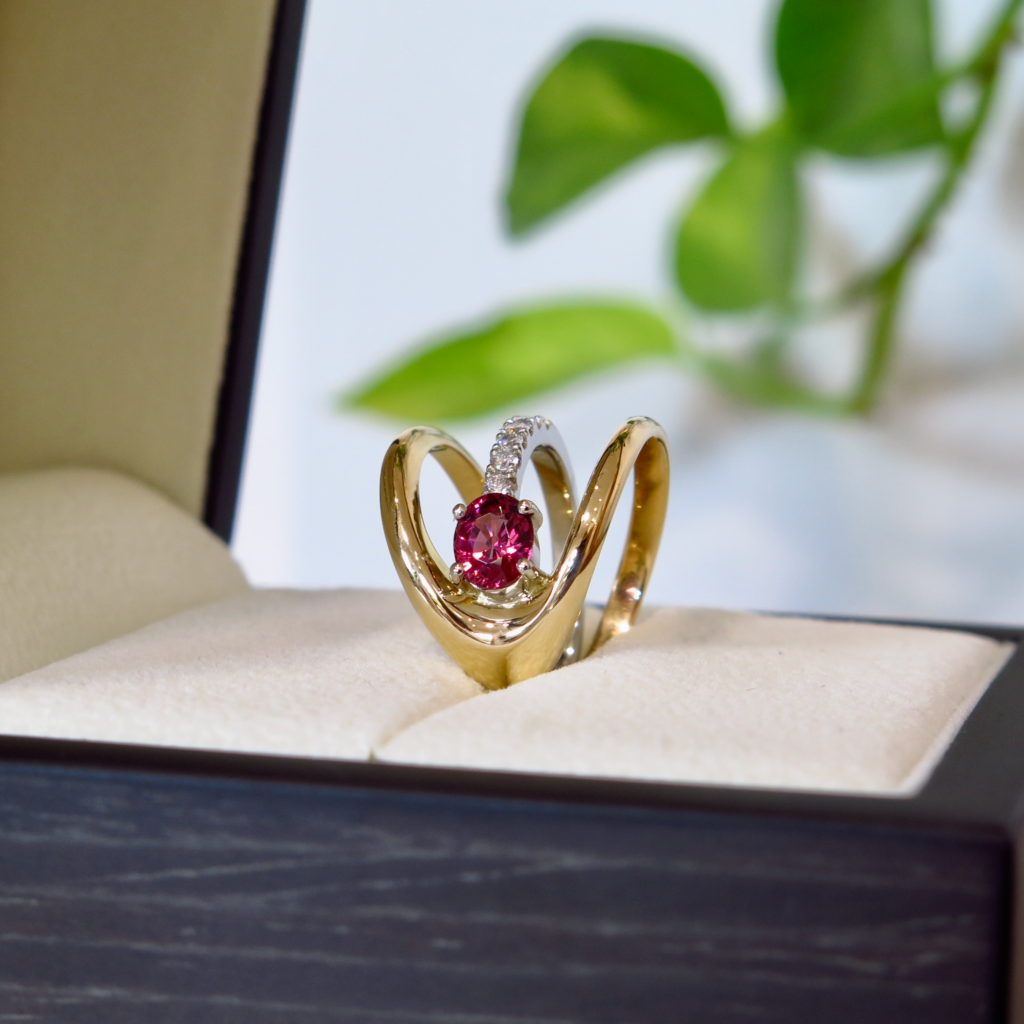 Handmade 18ct yellow gold and platinum, Tourmaline and Diamond ring.