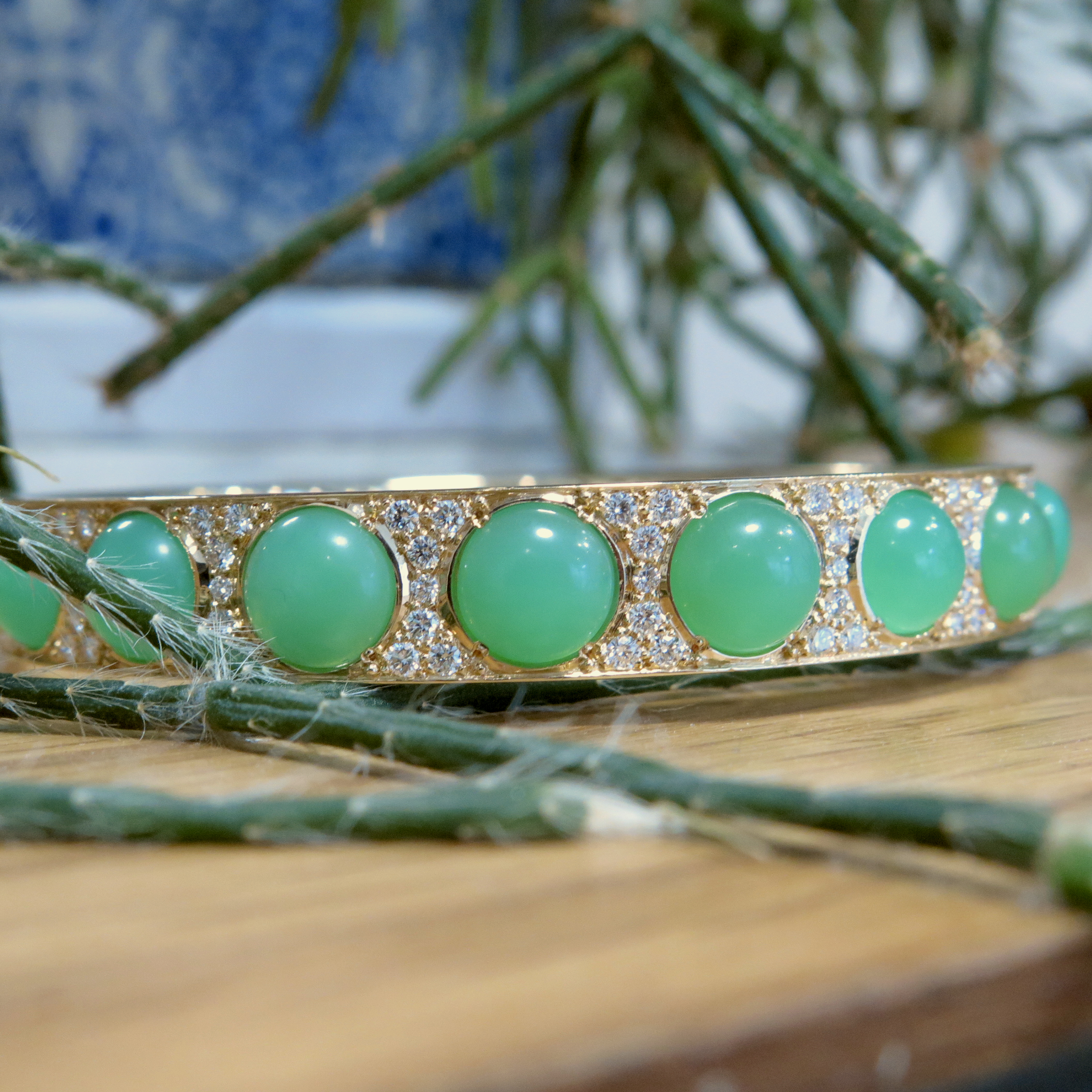 handmade 18ct yellow gold Chrysoprase and Diamond Bangle handmade 18ct yellow gold Chrysoprase and Diamond Bangle