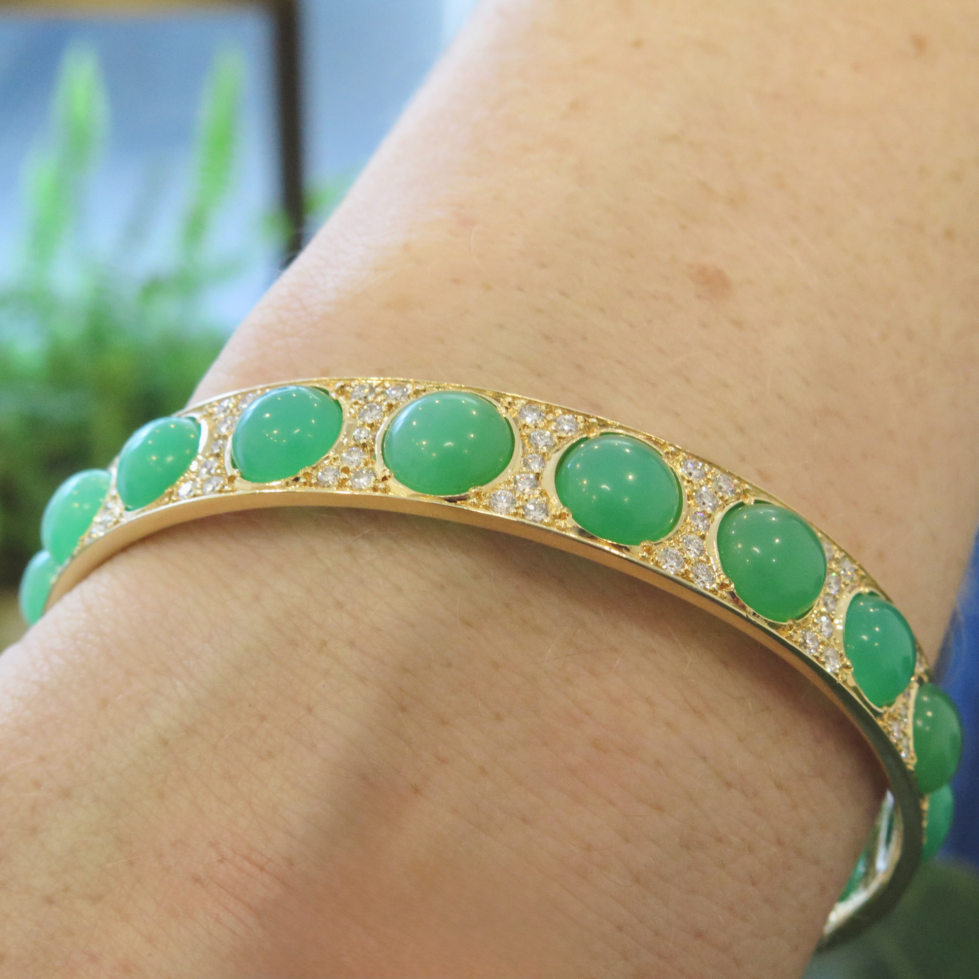 handmade 18ct yellow gold Chrysoprase and Diamond Bangle handmade 18ct yellow gold Chrysoprase and Diamond Bangle