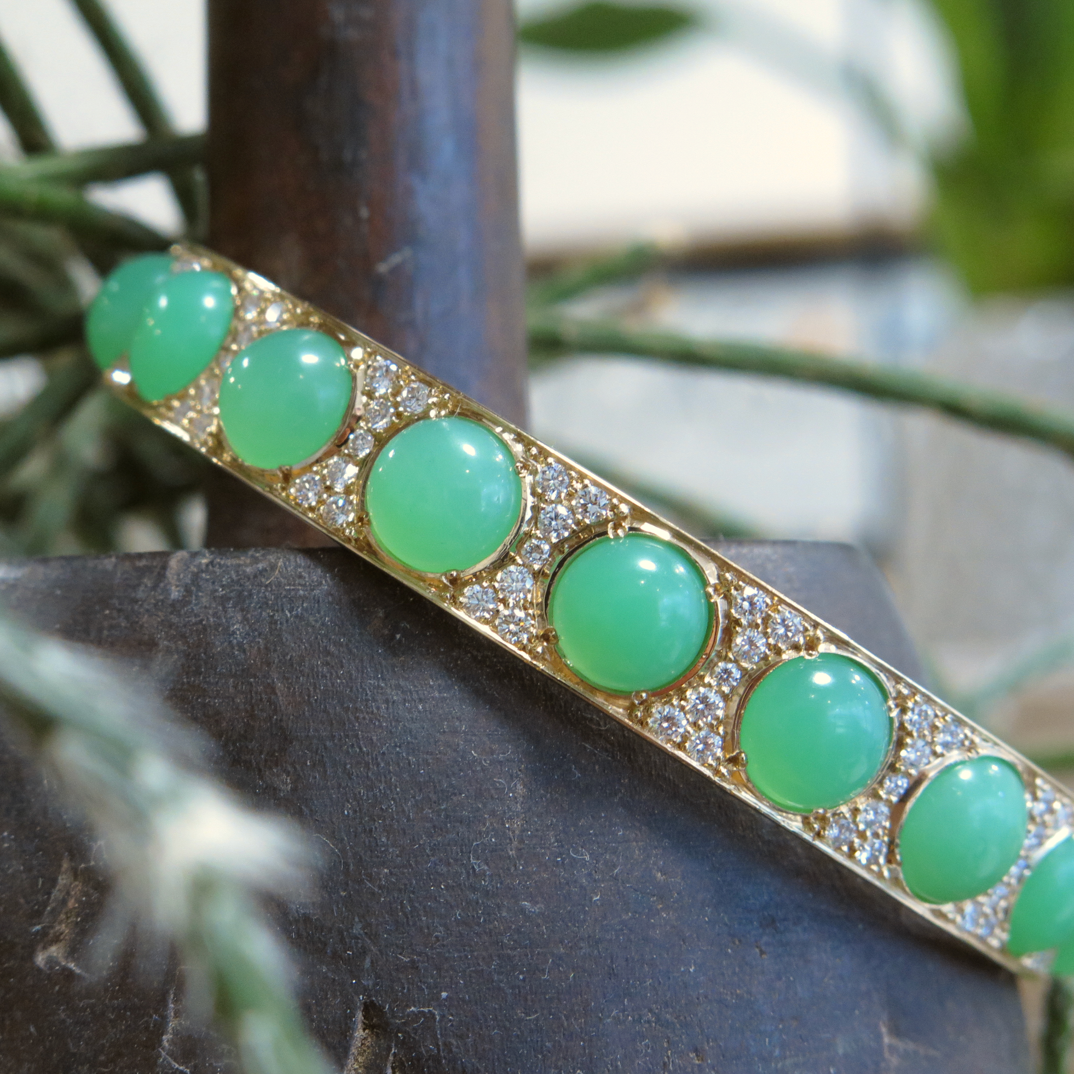 handmade 18ct yellow gold Chrysoprase and Diamond Bangle handmade 18ct yellow gold Chrysoprase and Diamond Bangle