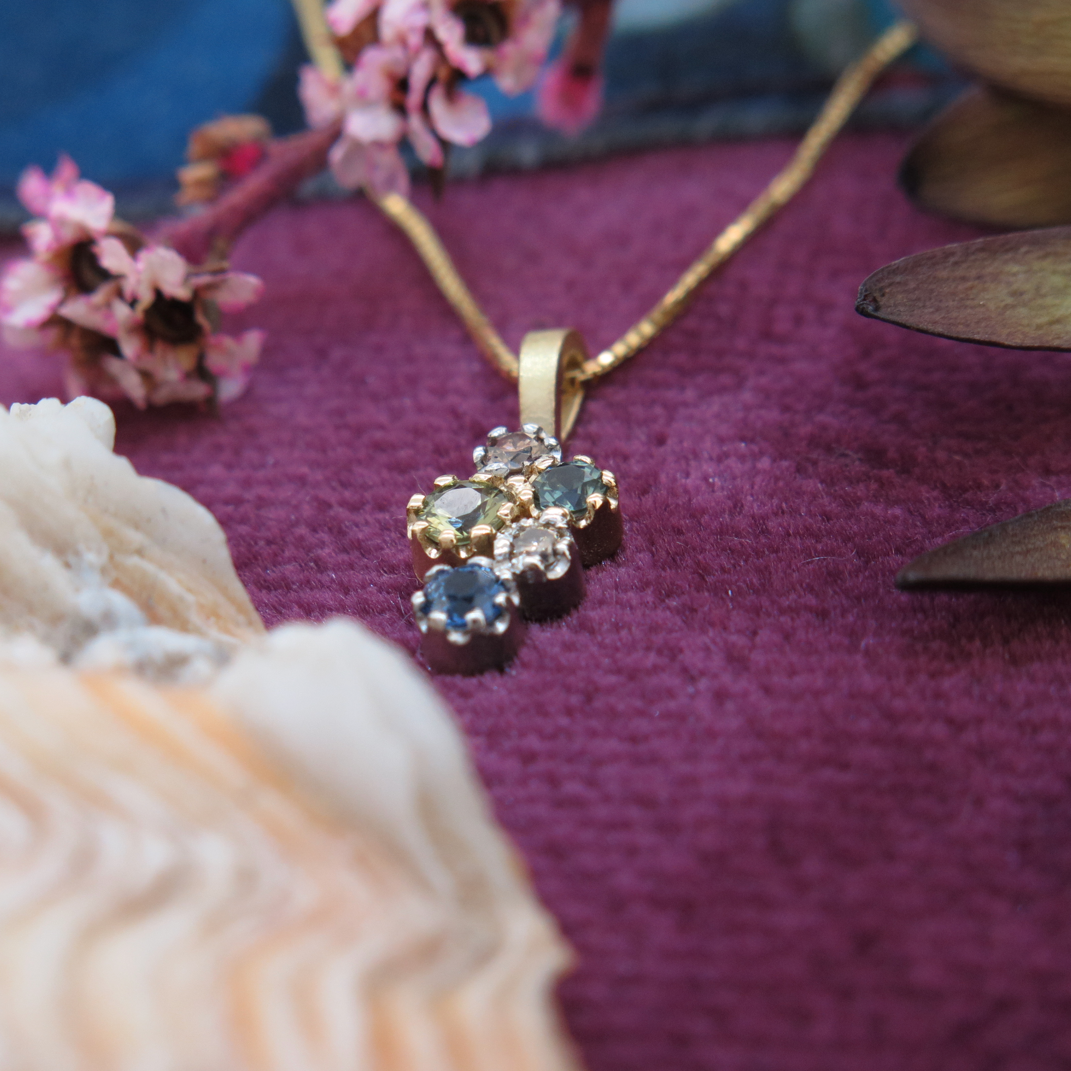 Handmade 18ct yellow gold, platinum, Sapphire and Diamond 'Star Cluster' pendant. Handmade 18ct yellow gold, platinum, Sapphire and Diamond 'Star Cluster' pendant.