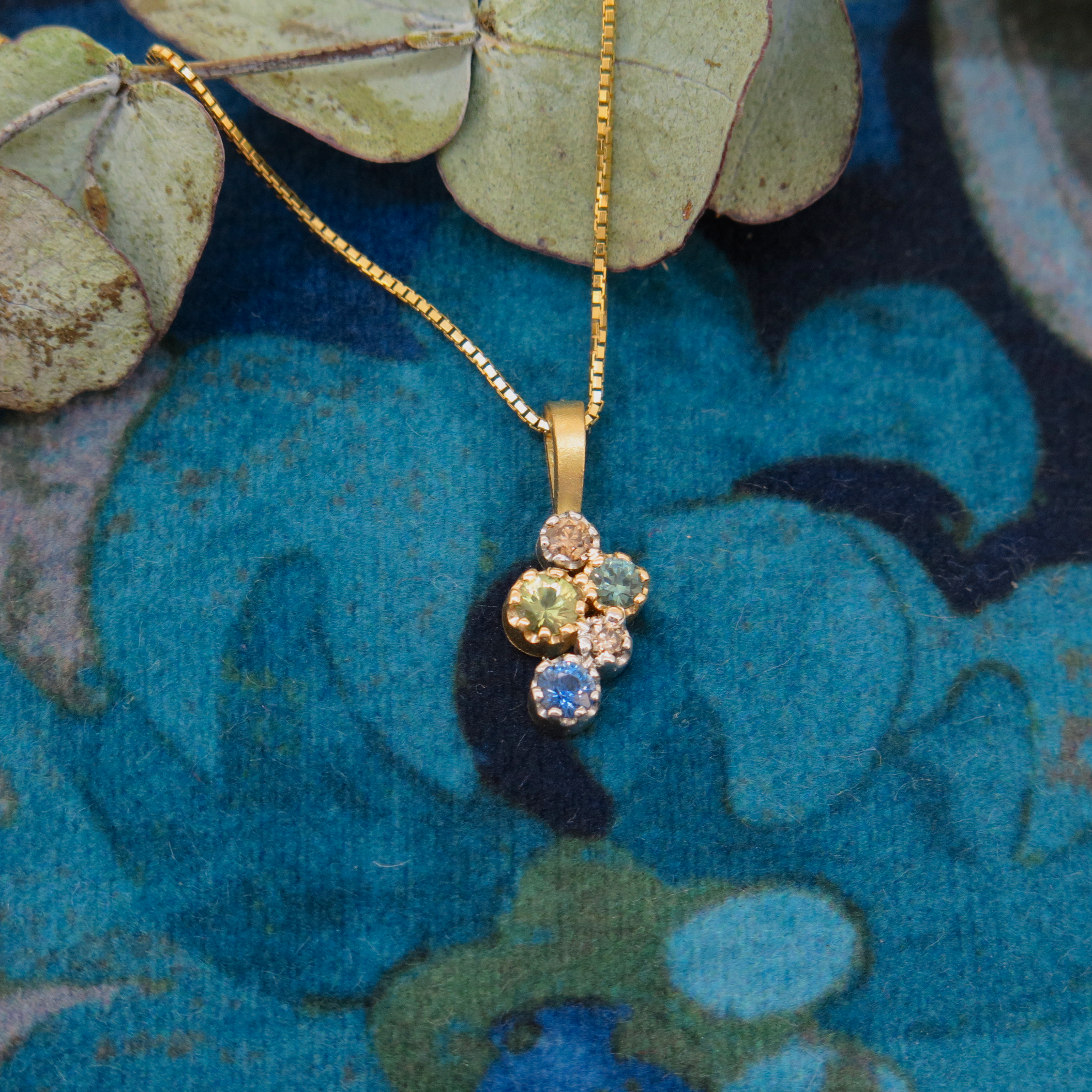 Handmade 18ct yellow gold, platinum, Sapphire and Diamond 'Star Cluster' pendant. Handmade 18ct yellow gold, platinum, Sapphire and Diamond 'Star Cluster' pendant.
